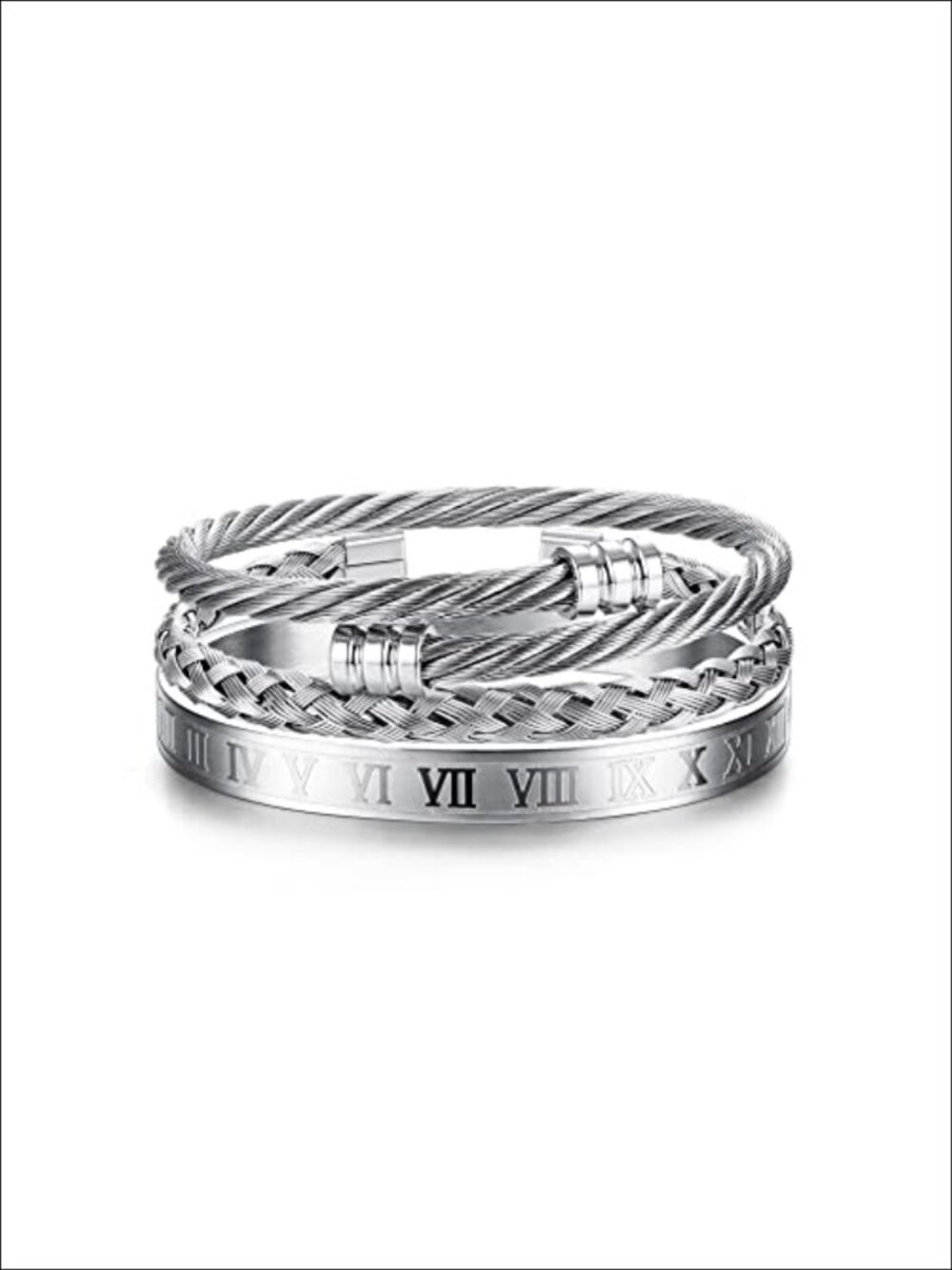 Stainless Steel Men's Bracelet Stack Adjustable Cuff Bangle Set of 3